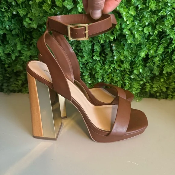 Aldo Priyah 1091435 Chestnut with Wood & Gold Block Heels Women's Size 11 - Picture 4 of 14